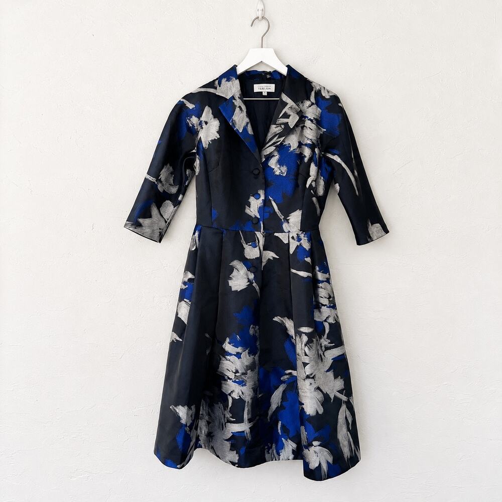 Teri Jon Rickie Freeman Blue Black Floral Jacquard Midi Dress Size 8